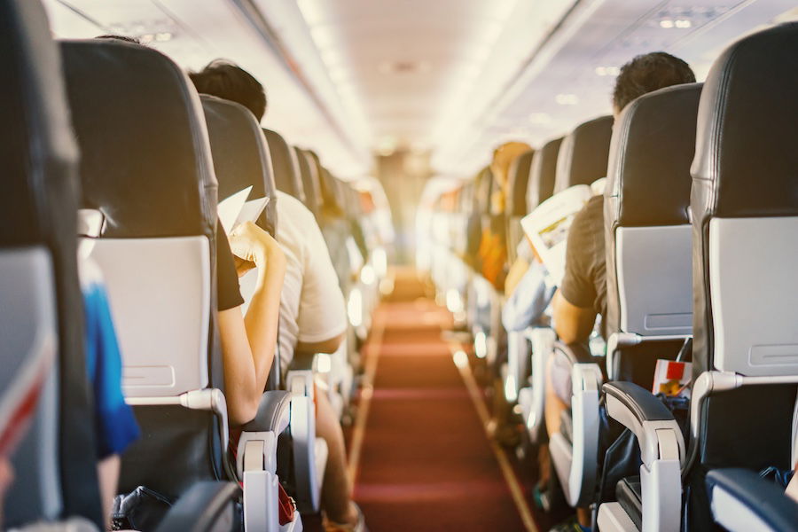 Airplane cabin during flight for people travelling with hearing aids.